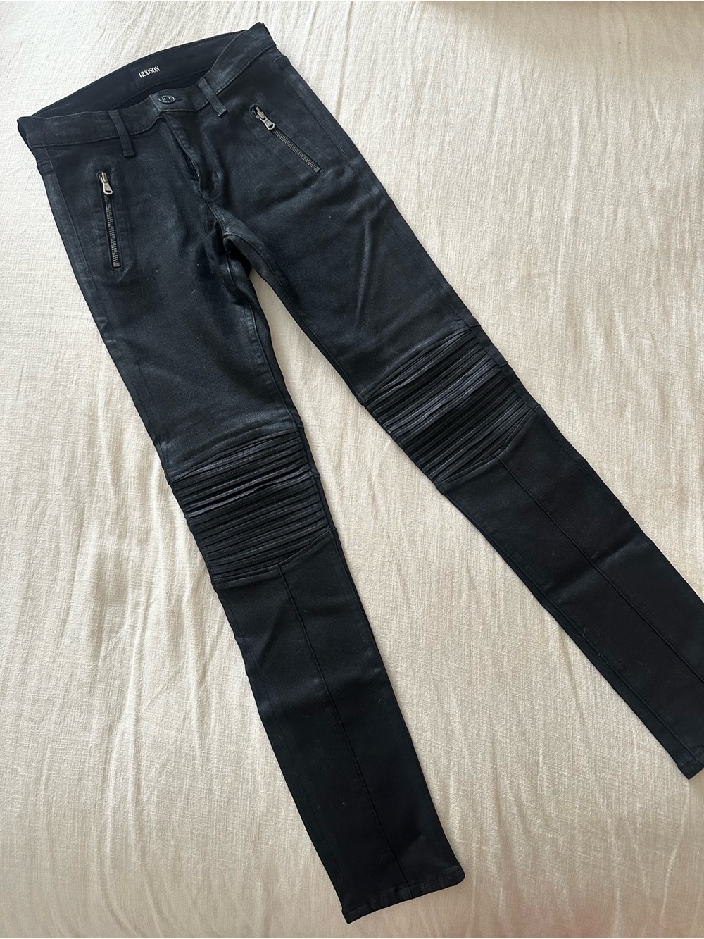 Hudson Moto Skinny Jeans Black Coated Denim Zip Pocket Biker Jeans